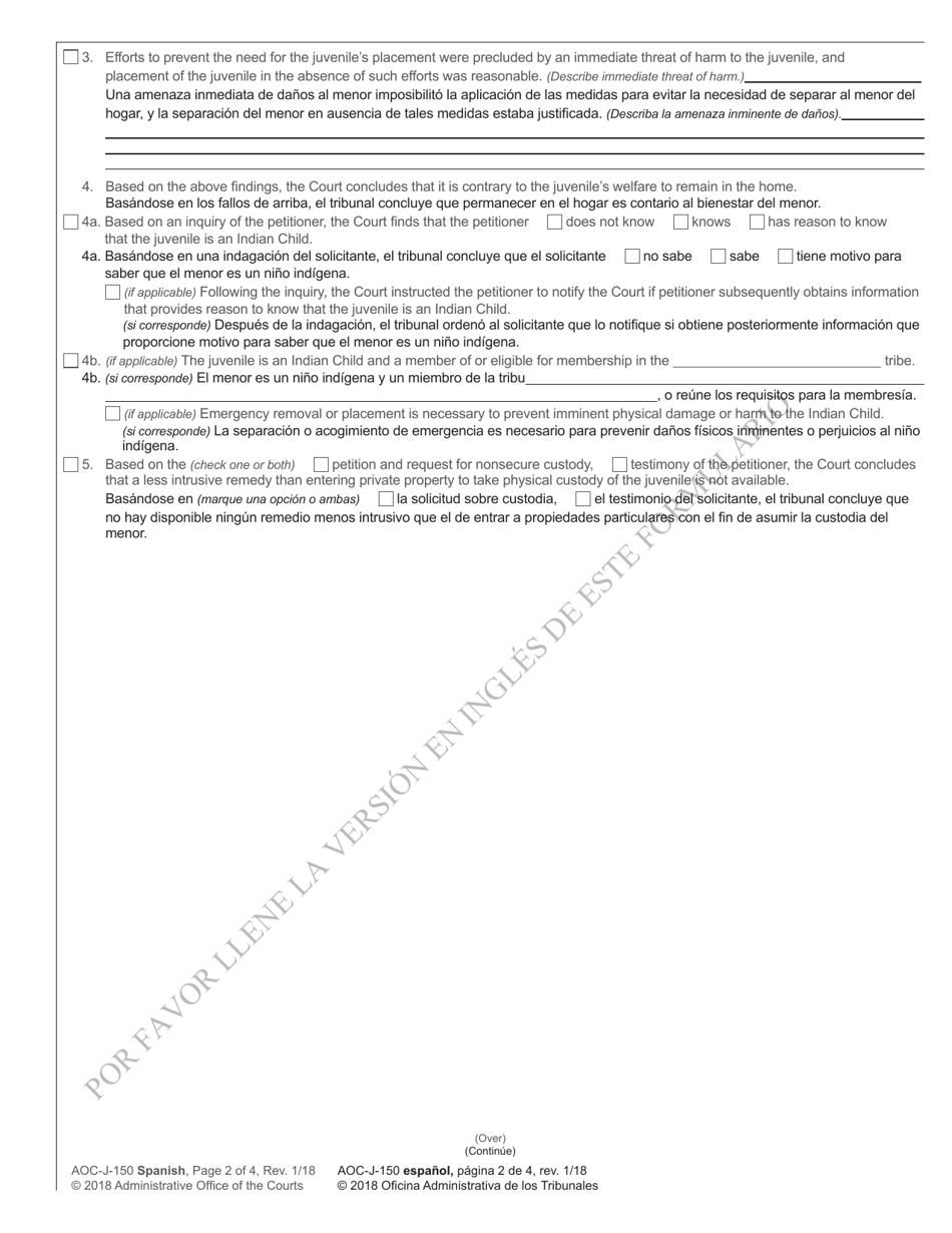 Form AOC-J-150 Order for Nonsecure Custody (Abuse / Neglect / Dependency) - North Carolina (English / Spanish), Page 2