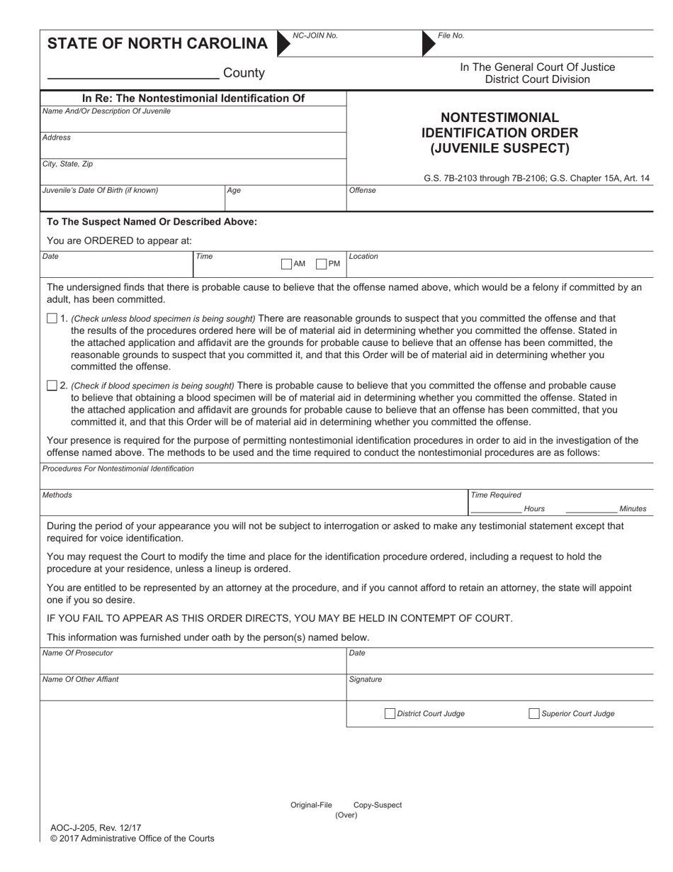 Form AOC-J-205 Nontestimonial Identification Order (Juvenile Suspect) - North Carolina, Page 1