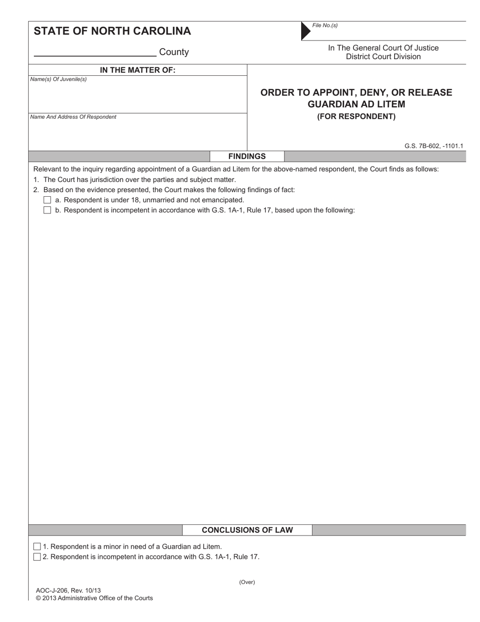Form AOC-J-206 Order to Appoint, Deny, or Release Guardian Ad Litem (For Respondent) - North Carolina, Page 1