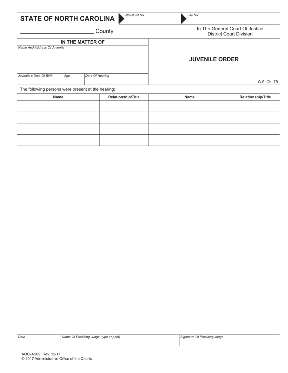 Form AOC-J-209 Juvenile Order - North Carolina, Page 1