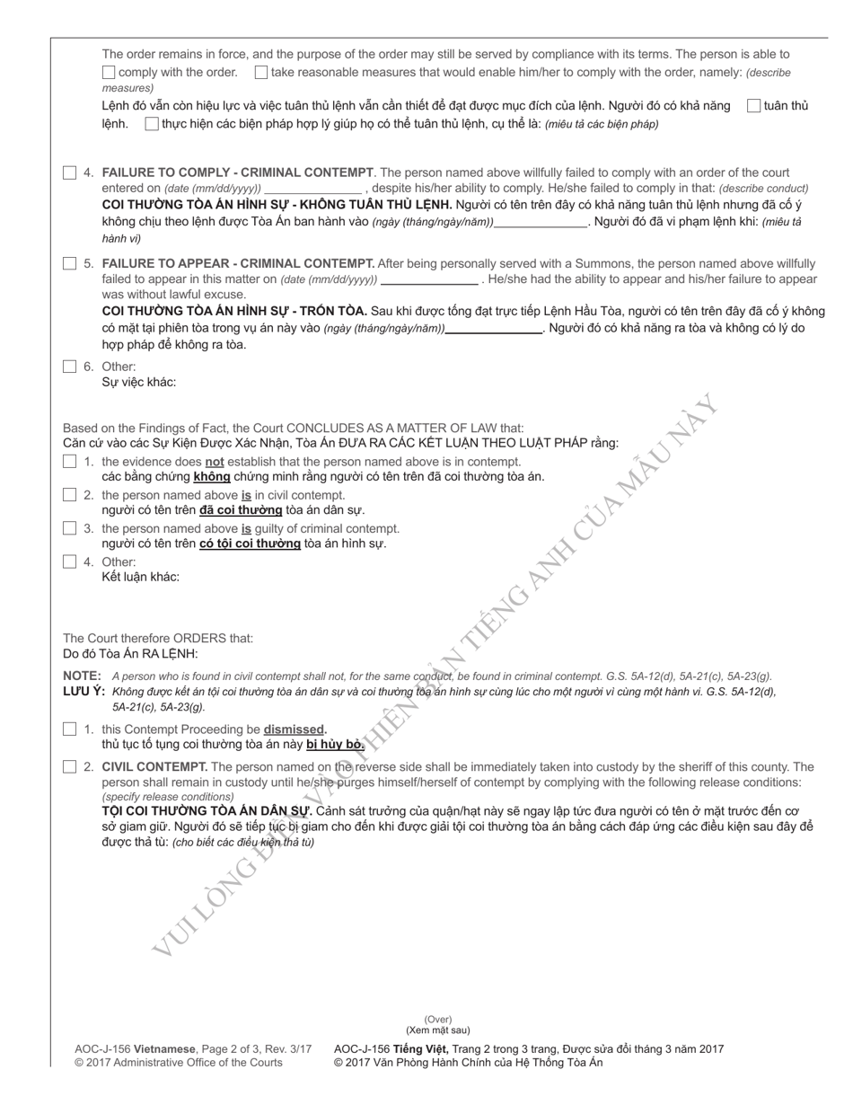 Form AOC-J-156 Order in Contempt Proceeding (Parent, Guardian, Custodian or Caretaker in Abuse / Neglect / Dependency Case) - North Carolina (English / Vietnamese), Page 2