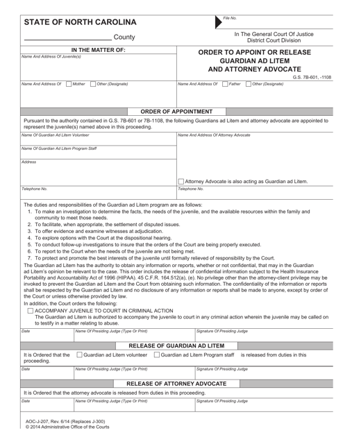 Form AOC-J-207 Order to Appoint or Release Guardian Ad Litem and Attorney Advocate - North Carolina