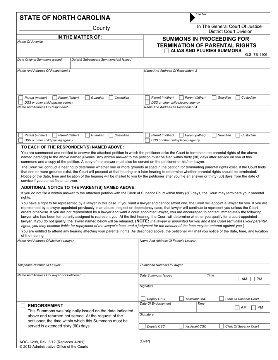 Form AOC-J-208 Summons in Proceeding for Termination of Parental Rights - North Carolina, Page 1