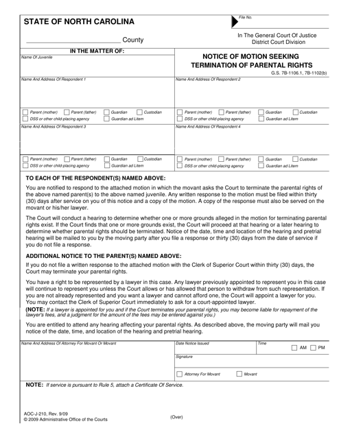 Form AOC-J-210 Notice of Motion Seeking Termination of Parental Rights - North Carolina