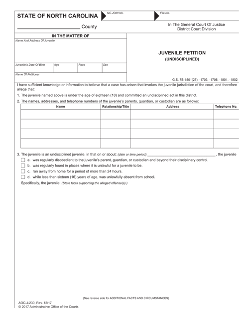 Form AOC-J-230 Juvenile Petition (Undisciplined) - North Carolina