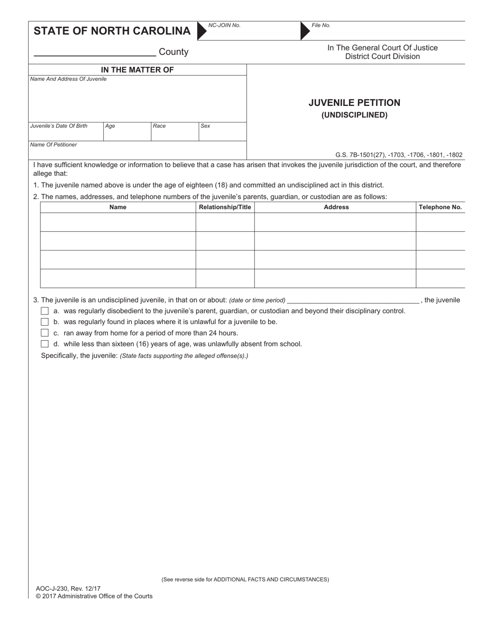 Form AOC-J-230 Juvenile Petition (Undisciplined) - North Carolina, Page 1
