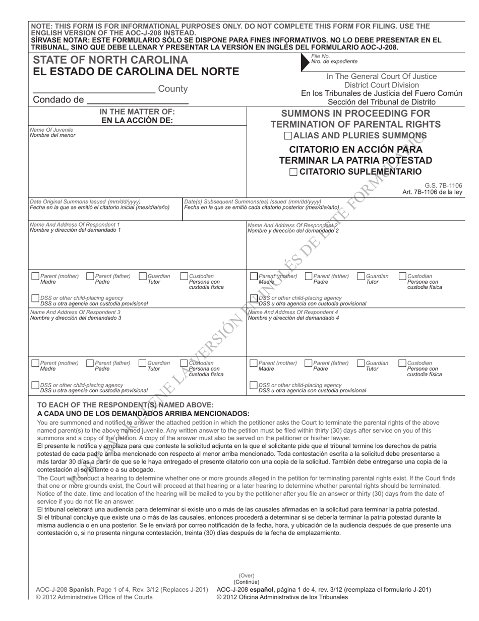 Form AOC-J-208 Summons in Proceeding for Termination of Parental Rights - North Carolina (English / Spanish), Page 1
