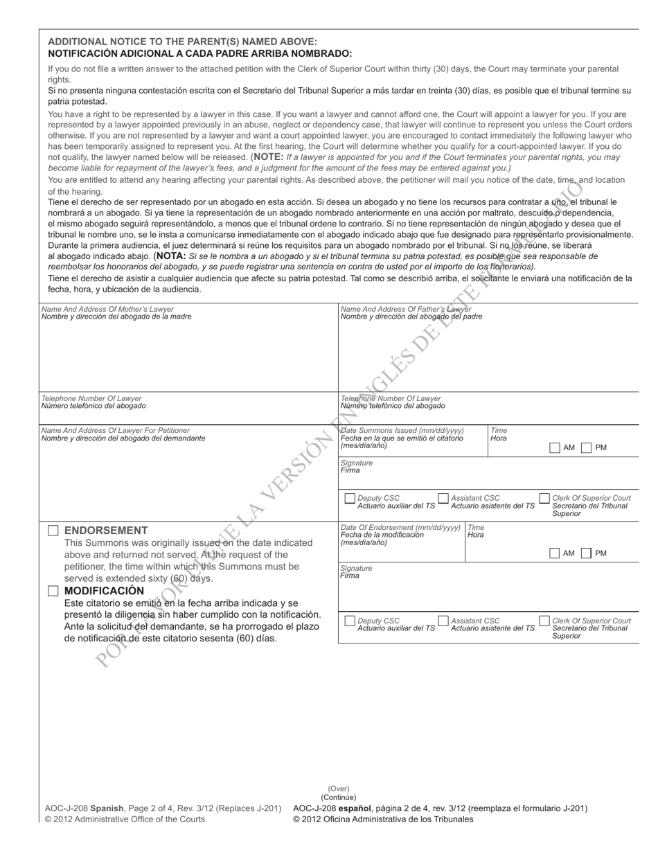 Form AOC-J-208 Summons in Proceeding for Termination of Parental Rights - North Carolina (English / Spanish), Page 2
