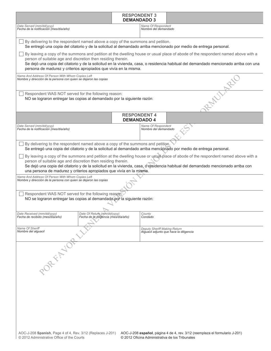 Form AOC-J-208 Summons in Proceeding for Termination of Parental Rights - North Carolina (English / Spanish), Page 4