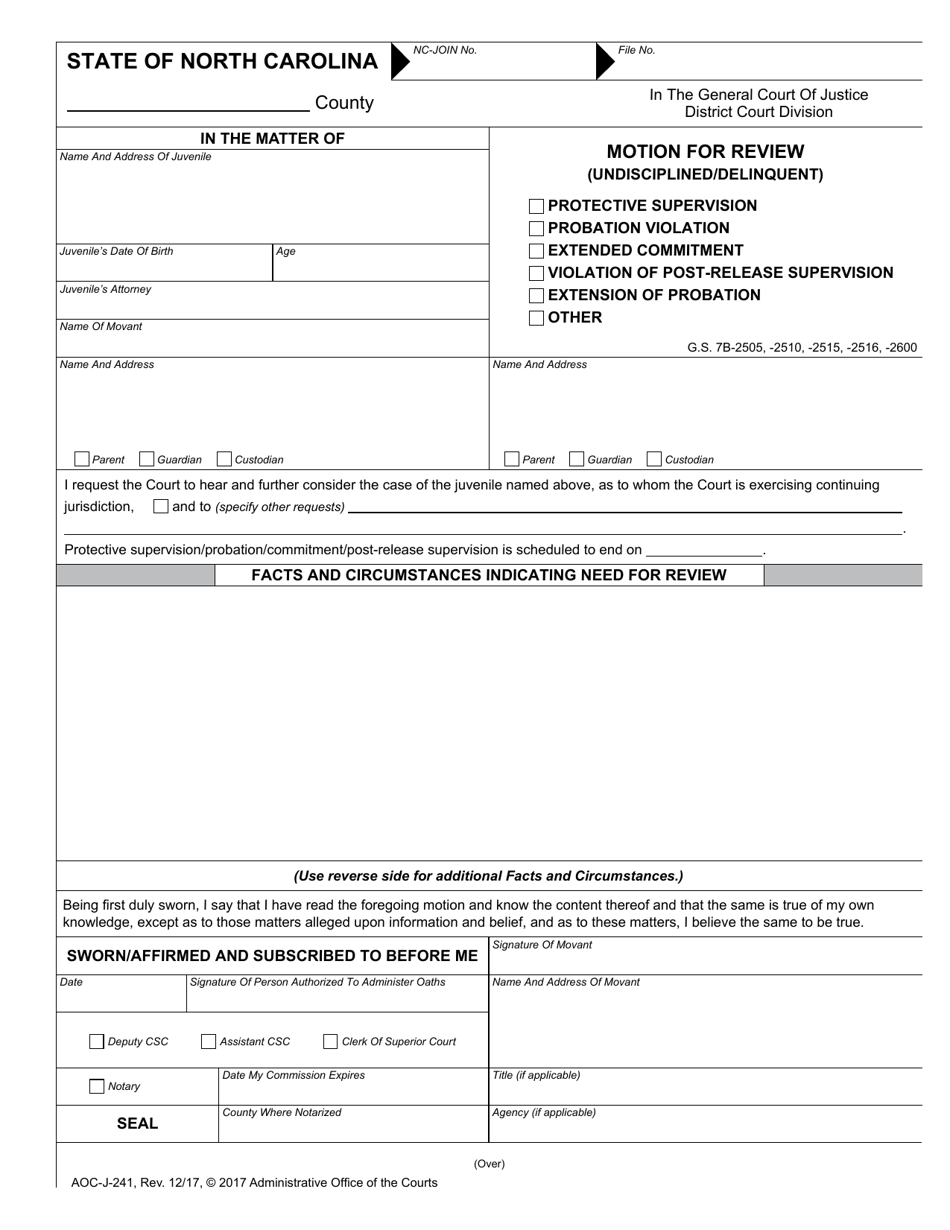Form AOC-J-241 Motion for Review (Undisciplined / Delinquent) - North Carolina, Page 1