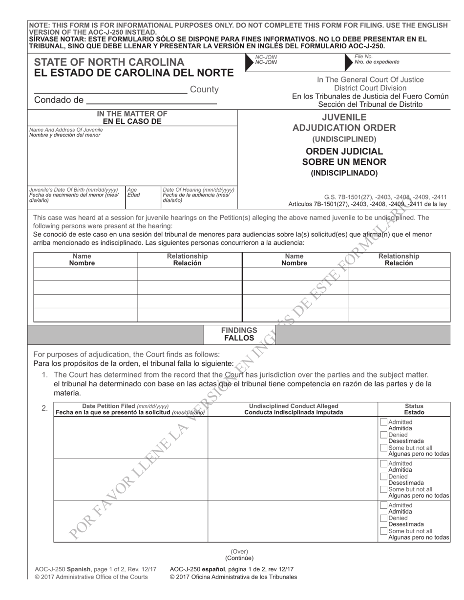 Form AOC-J-250 Juvenile Adjudication Order (Undisciplined) - North Carolina (English/Spanish), Page 1