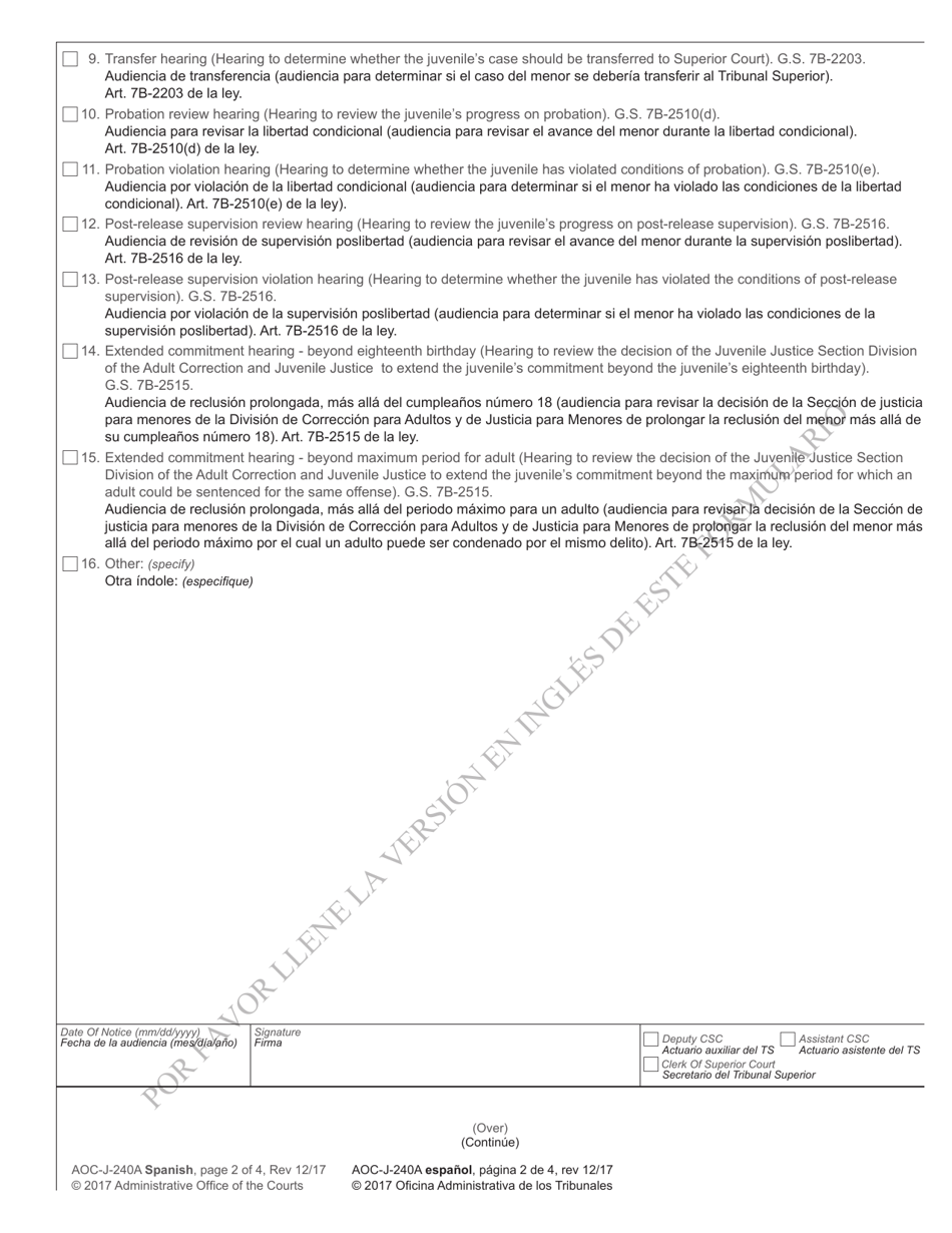 Form AOC-J-240A Notice of Hearing in Juvenile Proceeding (Delinquent) - North Carolina (English / Spanish), Page 2