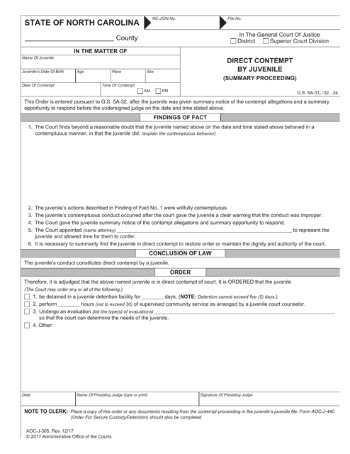 Form AOC-J-305 Direct Contempt by Juvenile (Summary Proceeding) - North Carolina