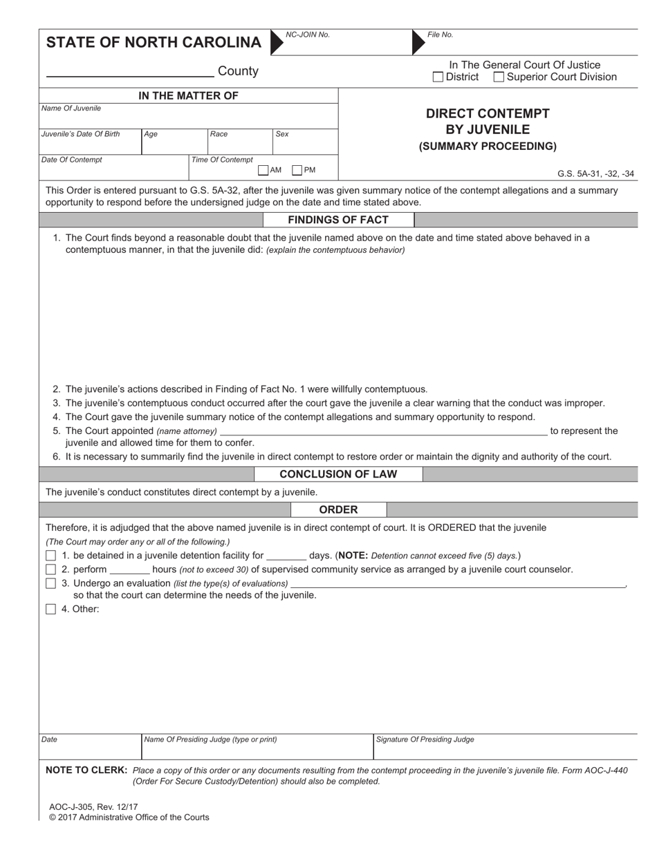 Form AOC-J-305 Direct Contempt by Juvenile (Summary Proceeding) - North Carolina, Page 1