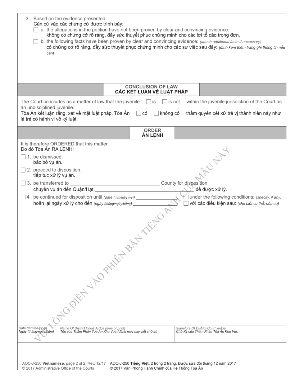 Form AOC-J-250 Juvenile Adjudication Order (Undisciplined) - North Carolina (English / Vietnamese), Page 2