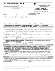 Document preview: Form AOC-J-340 Juvenile Summons and Notice of Hearing (Undisciplined/Delinquent) - North Carolina