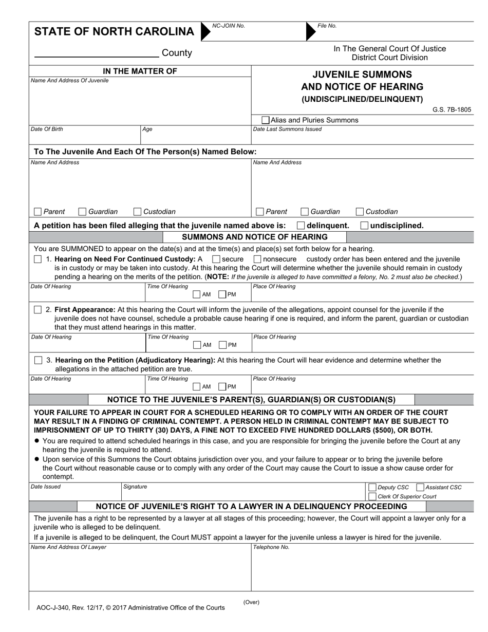 Form AOC-J-340 - Fill Out, Sign Online and Download Fillable PDF, North ...