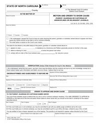 Document preview: Form AOC-J-344 Motion and Order to Show Cause (Parent, Guardian or Custodian of Undisciplined or Delinquent Juvenile) - North Carolina