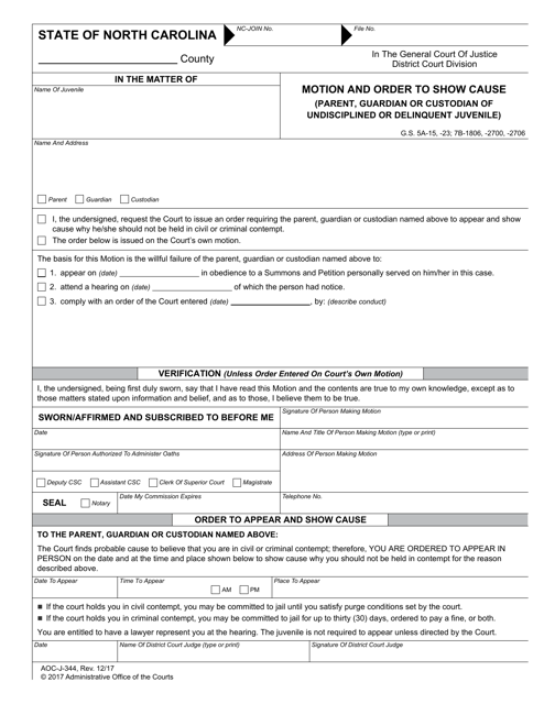 Form AOC-J-344 Motion and Order to Show Cause (Parent, Guardian or Custodian of Undisciplined or Delinquent Juvenile) - North Carolina