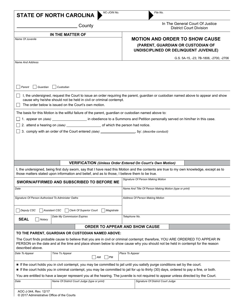 Form AOC-J-344 - Fill Out, Sign Online and Download Fillable PDF, North ...