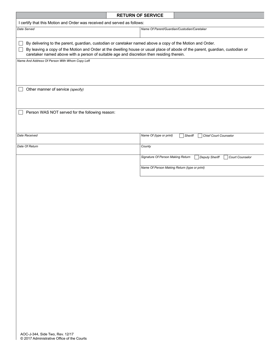 Form AOC-J-344 Motion and Order to Show Cause (Parent, Guardian or Custodian of Undisciplined or Delinquent Juvenile) - North Carolina, Page 2