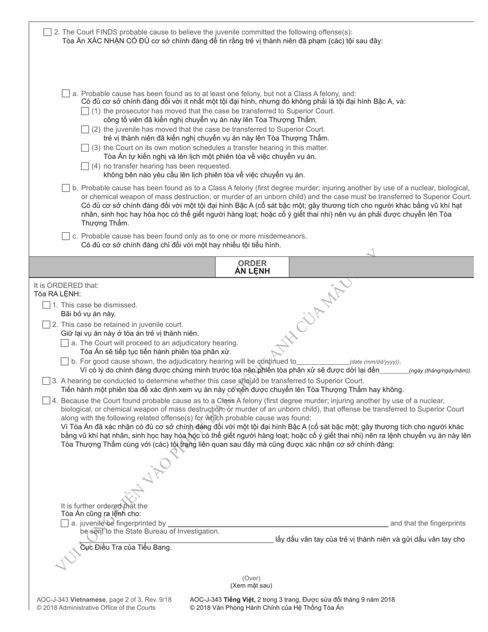 Form AOC-J-343 Juvenile Order - Probable Cause Hearing - North Carolina (English / Vietnamese), Page 2