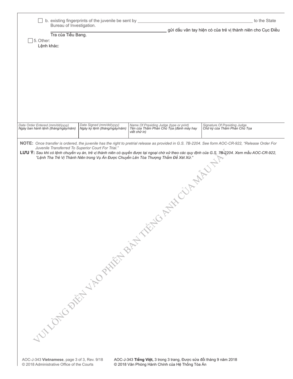Form AOC-J-343 Juvenile Order - Probable Cause Hearing - North Carolina (English / Vietnamese), Page 3