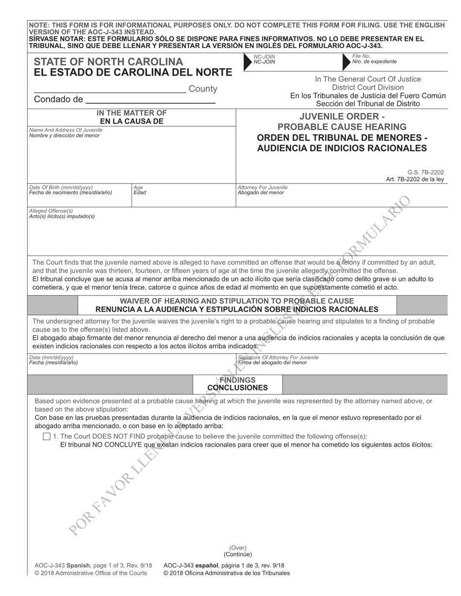 Form AOC-J-343 Juvenile Order - Probable Cause Hearing - North Carolina (English / Spanish), Page 1
