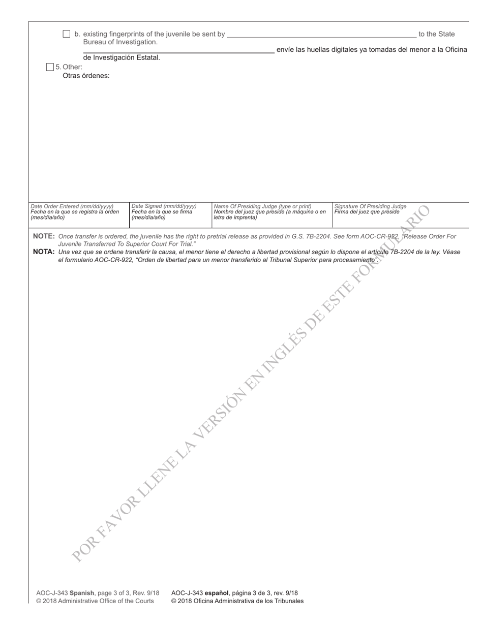 Form AOC-J-343 Juvenile Order - Probable Cause Hearing - North Carolina (English / Spanish), Page 3