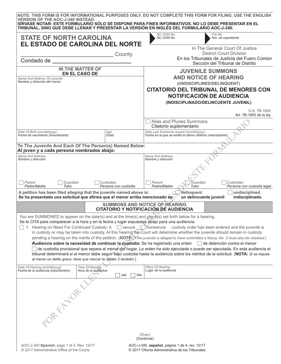 Form AOC-J-340 Juvenile Summons and Notice of Hearing (Undisciplined/Delinquent) - North Carolina (English/Spanish), Page 1