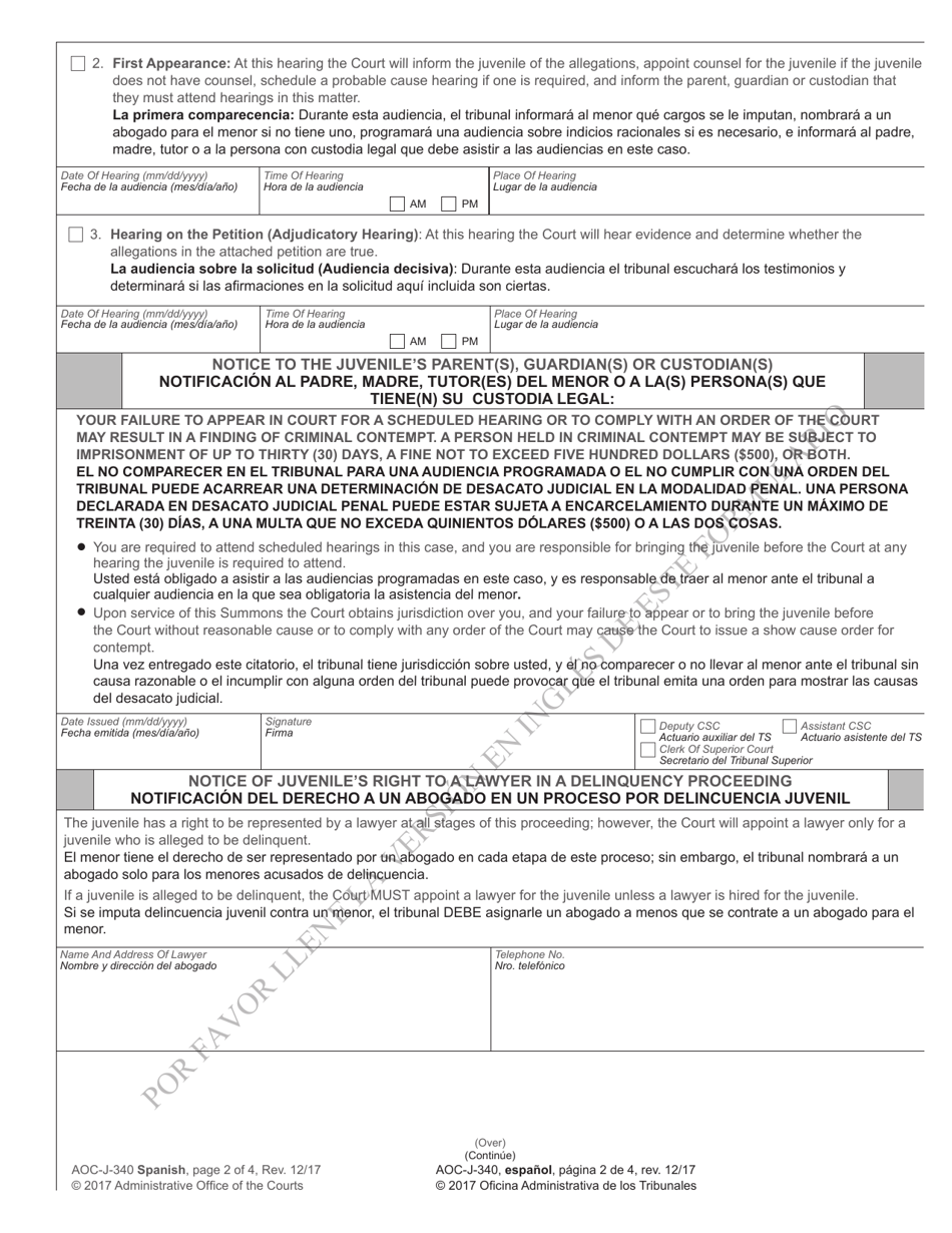 Form AOC-J-340 Juvenile Summons and Notice of Hearing (Undisciplined / Delinquent) - North Carolina (English / Spanish), Page 2