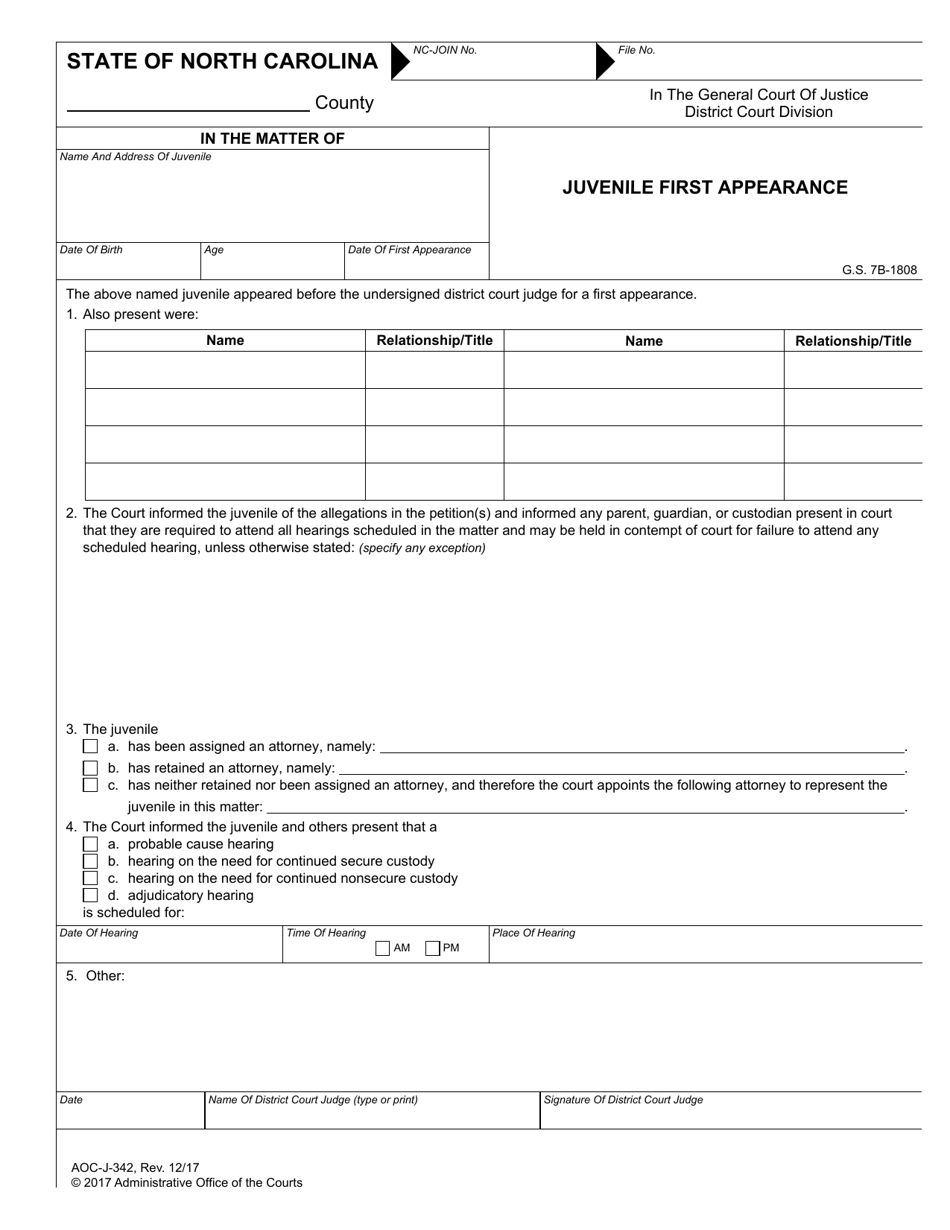 Form AOC-J-342 Juvenile First Appearance - North Carolina, Page 1
