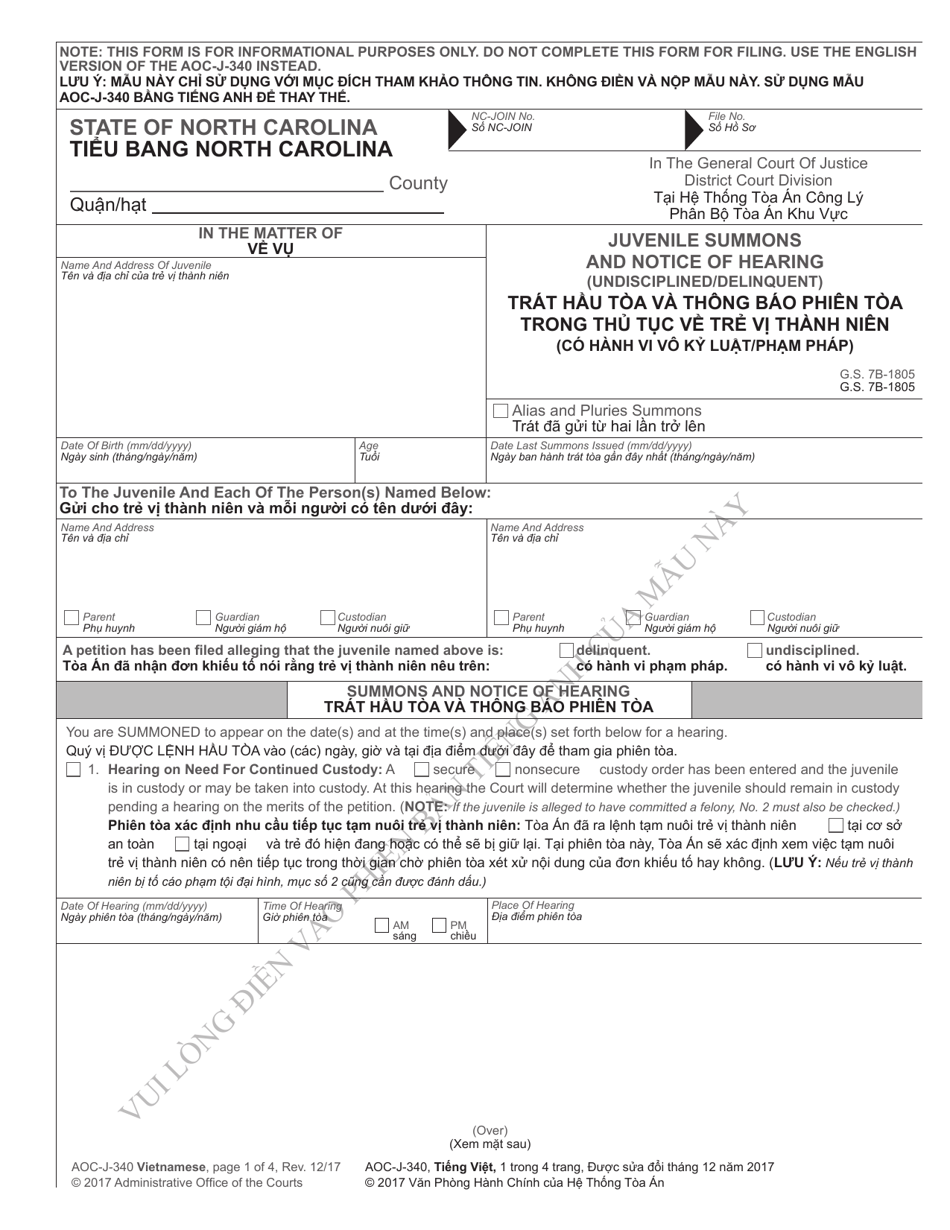 Form AOC-J-340 Juvenile Summons and Notice of Hearing (Undisciplined/Delinquent) - North Carolina (English/Vietnamese), Page 1