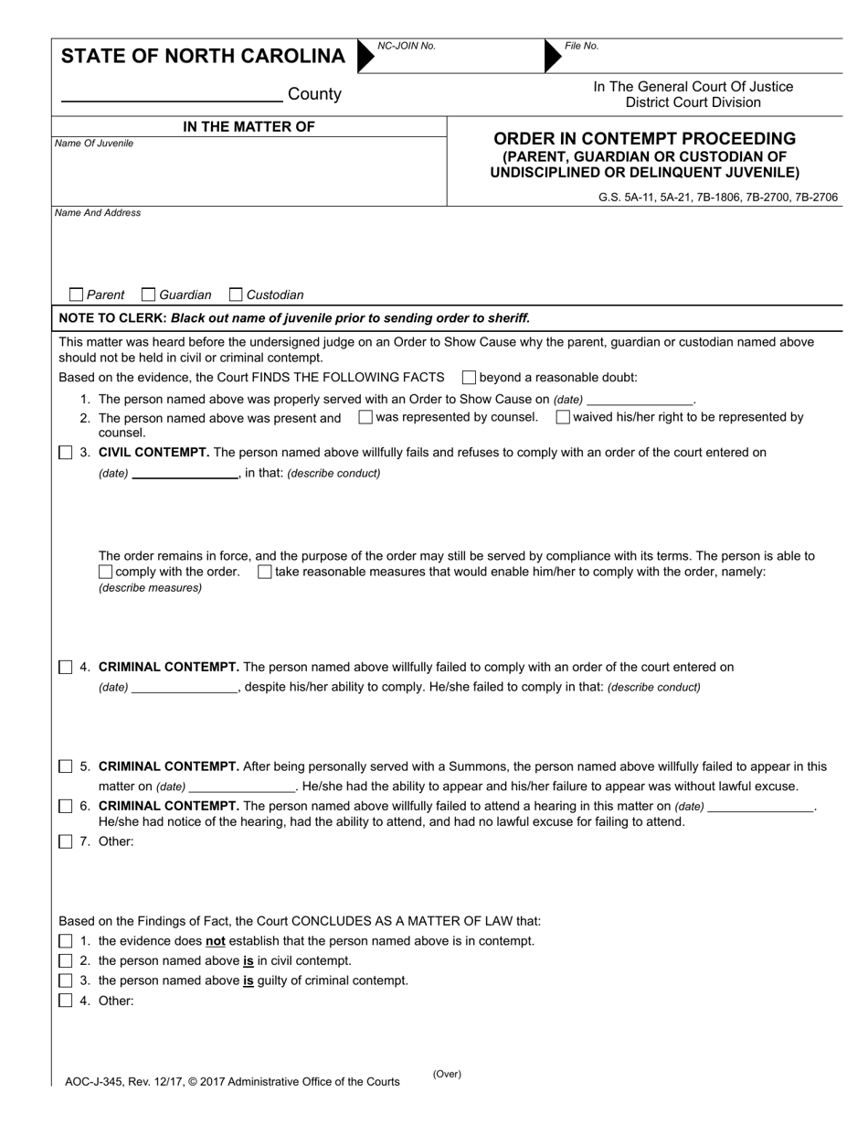Form AOC-J-345 - Fill Out, Sign Online and Download Fillable PDF, North ...