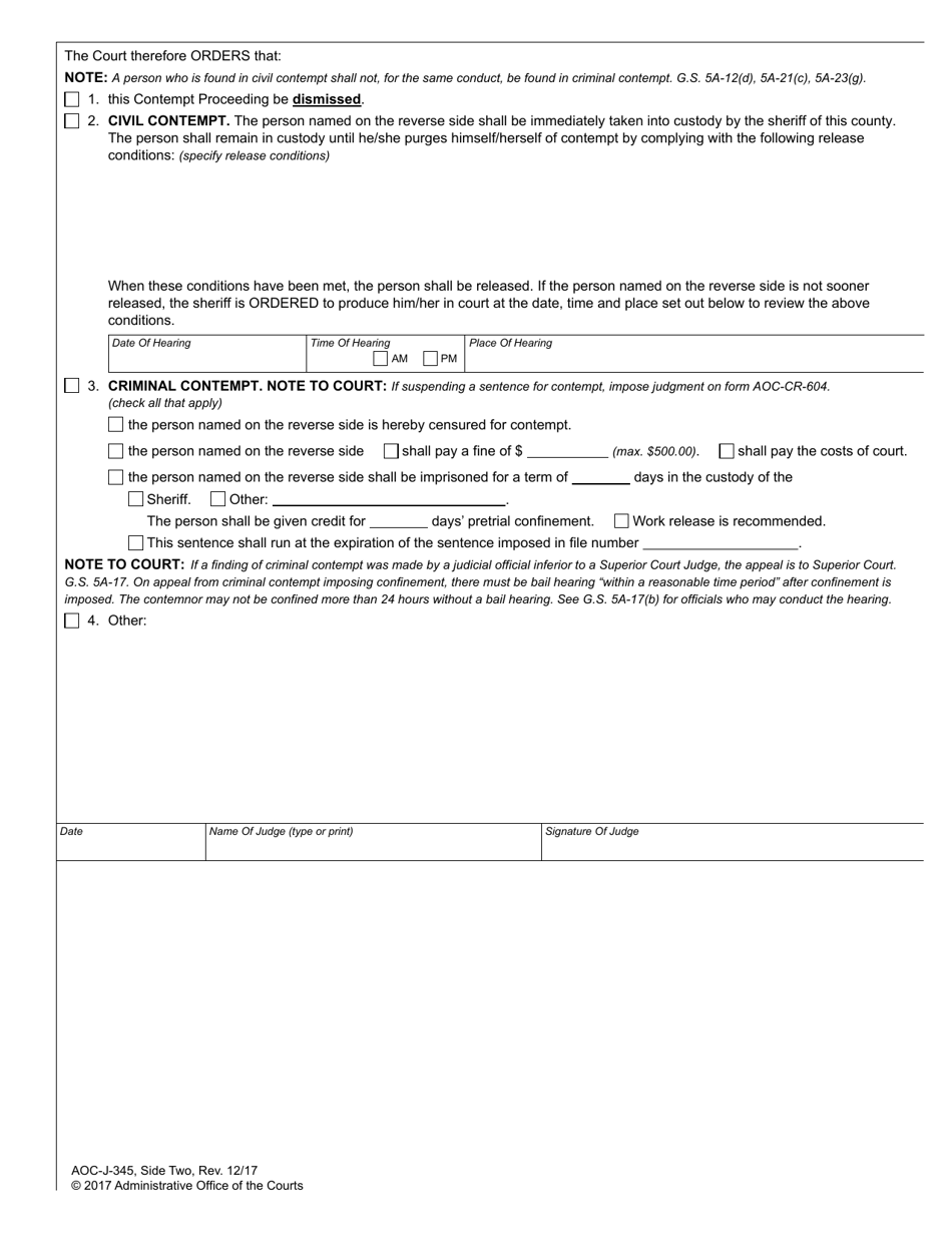 Form AOC-J-345 Order in Contempt Proceeding (Parent, Guardian or Custodian of Undisciplined or Delinquent Juvenile) - North Carolina, Page 2