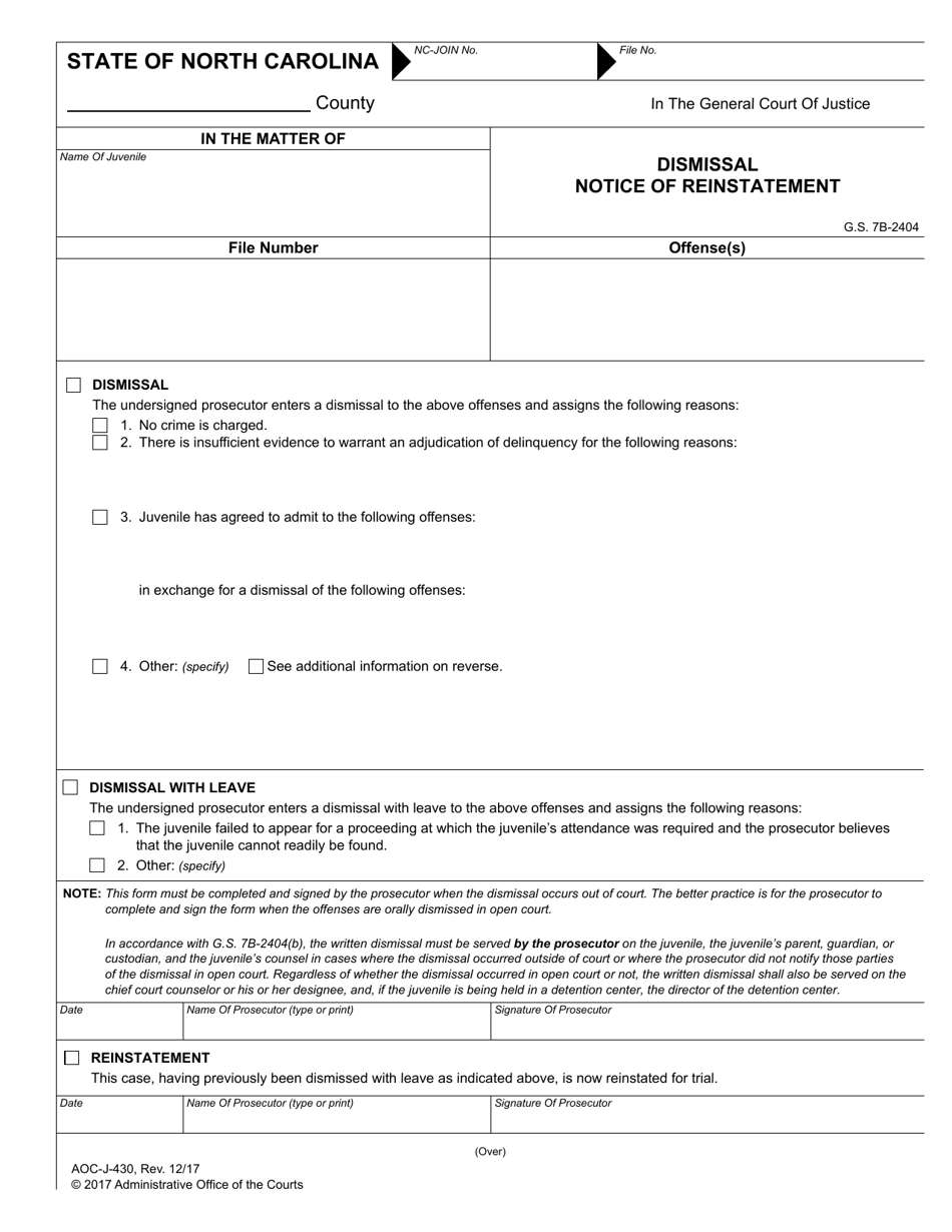 Form AOC-J-430 Dismissal Notice of Reinstatement - North Carolina, Page 1