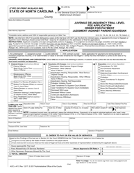 Document preview: Form AOC-J-411 Judgment Delinquency Trial Level Fee Application Order for Payment Judgment Against Parent/Guardian - North Carolina