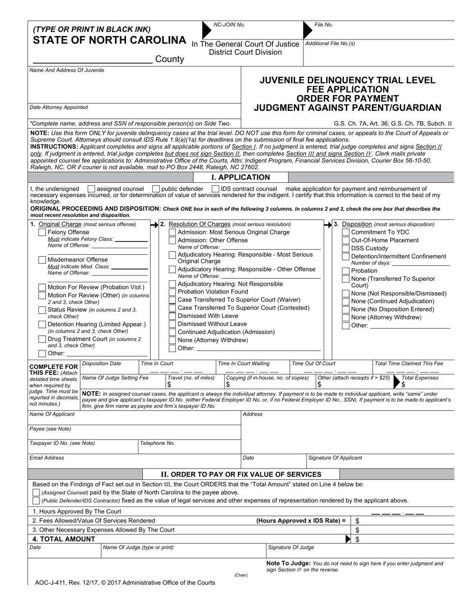 Form AOC-J-411 Judgment Delinquency Trial Level Fee Application Order for Payment Judgment Against Parent / Guardian - North Carolina, Page 1