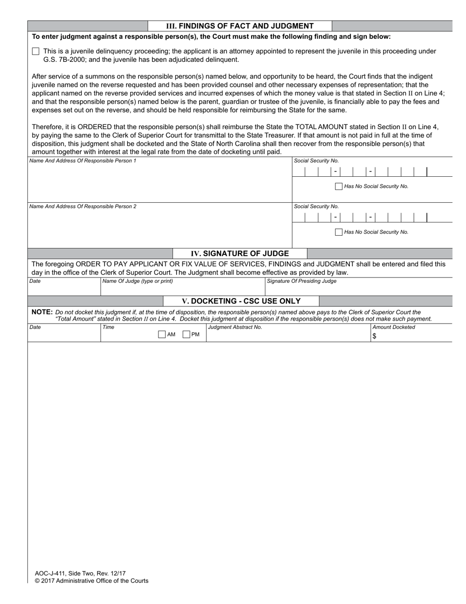 Form AOC-J-411 Judgment Delinquency Trial Level Fee Application Order for Payment Judgment Against Parent / Guardian - North Carolina, Page 2