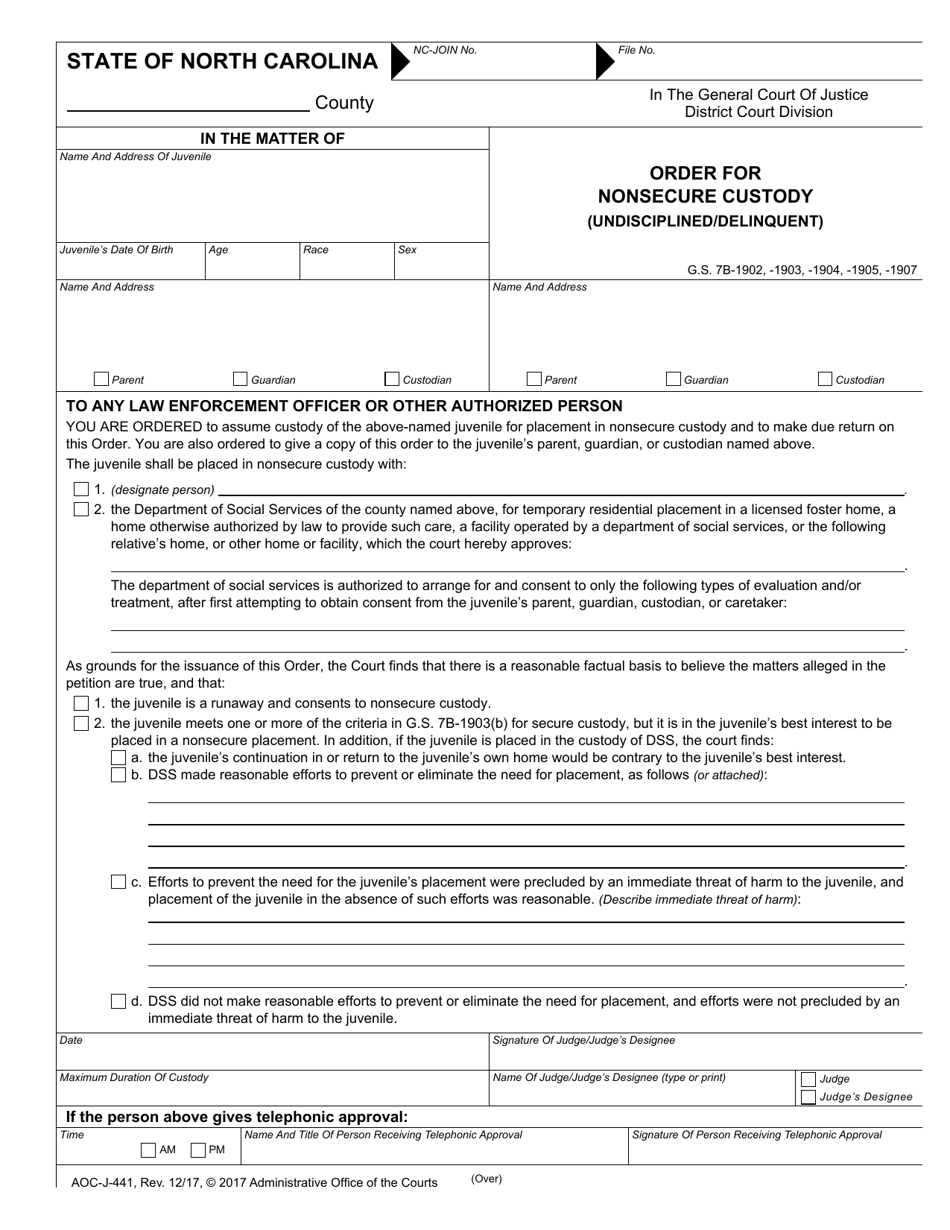 Form AOC-J-441 Order for Nonsecure Custody (Undisciplined / Delinquent) - North Carolina, Page 1