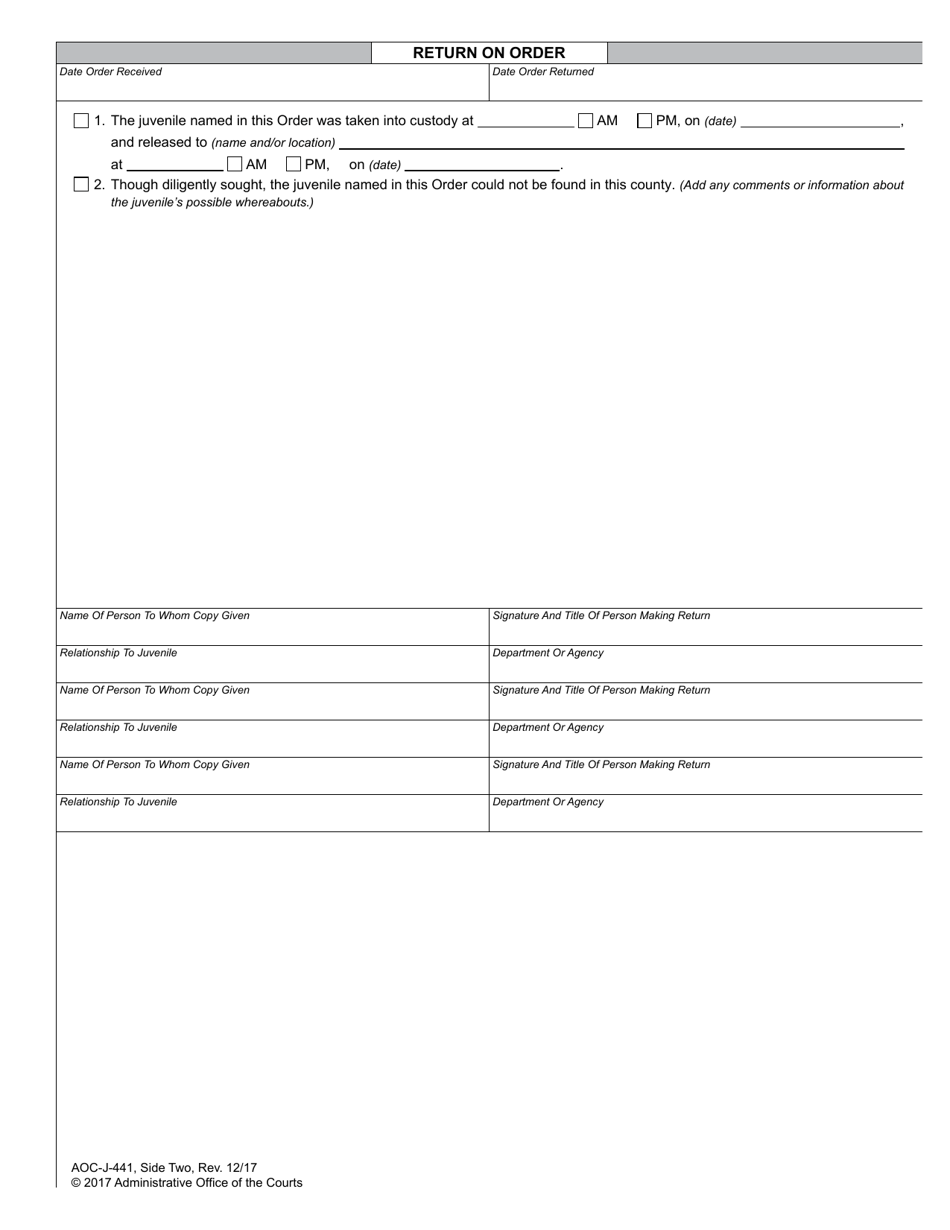 Form AOC-J-441 Order for Nonsecure Custody (Undisciplined / Delinquent) - North Carolina, Page 2