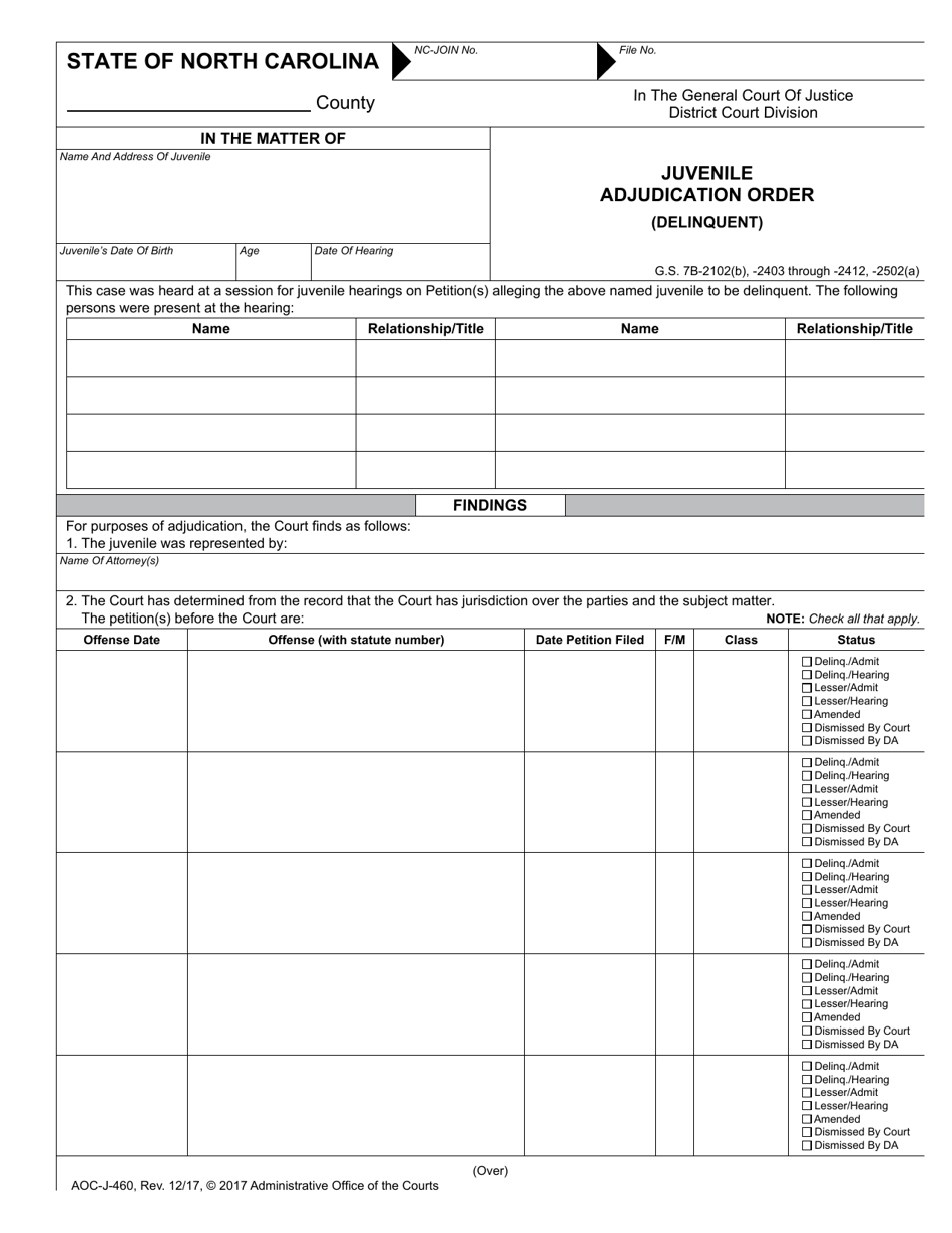 Form AOC-J-460 Juvenile Adjudication Order (Delinquent) - North Carolina, Page 1