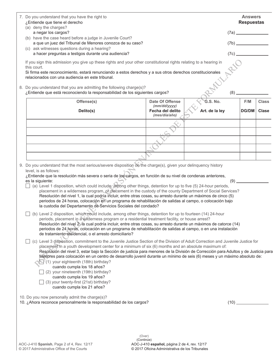 Form AOC-J-410 Transcript of Admission by Juvenile - North Carolina (English / Spanish), Page 2