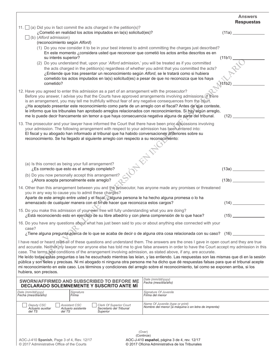 Form AOC-J-410 Transcript of Admission by Juvenile - North Carolina (English / Spanish), Page 3