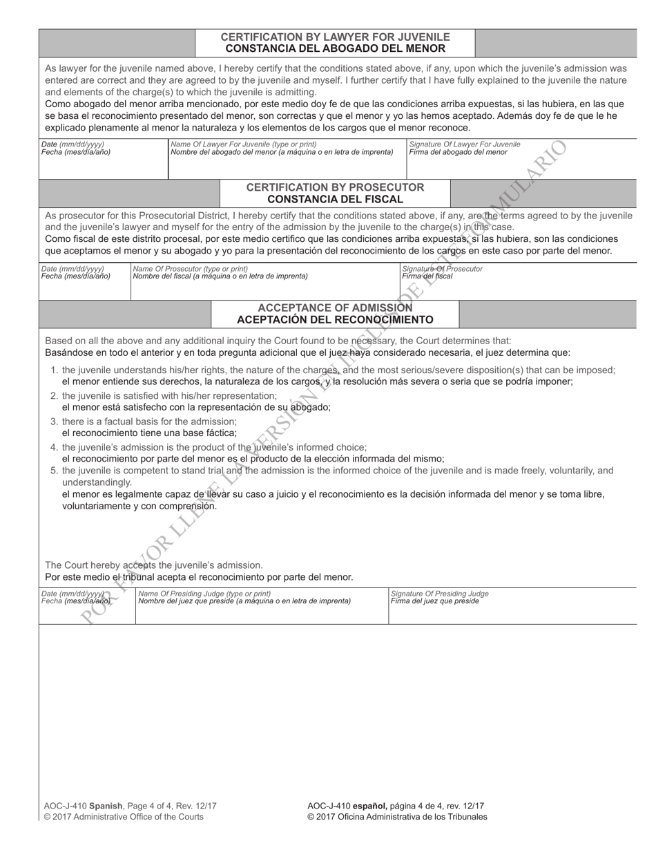 Form AOC-J-410 Transcript of Admission by Juvenile - North Carolina (English / Spanish), Page 4