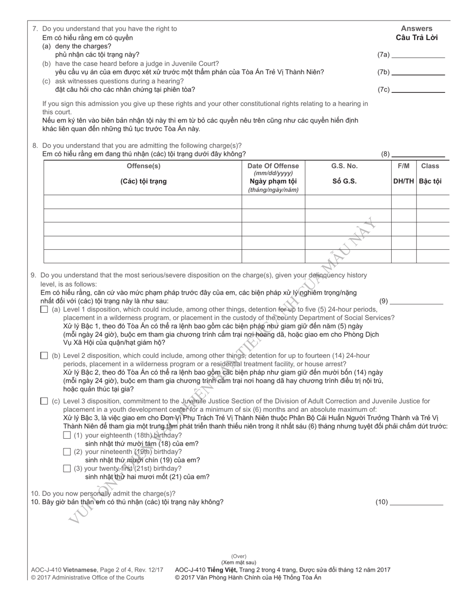 Form AOC-J-410 Transcript of Admission by Juvenile - North Carolina (English / Vietnamese), Page 2