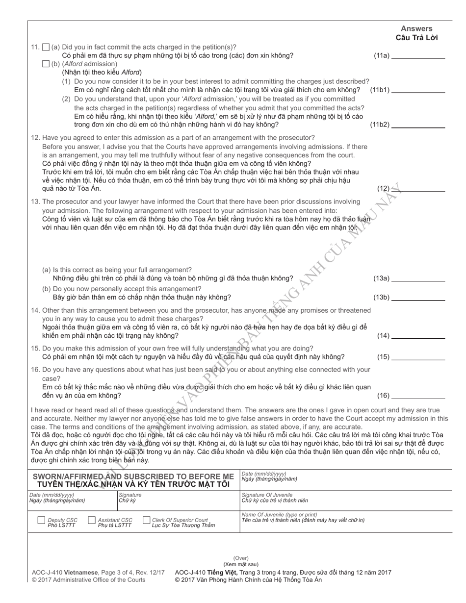 Form AOC-J-410 Transcript of Admission by Juvenile - North Carolina (English / Vietnamese), Page 3