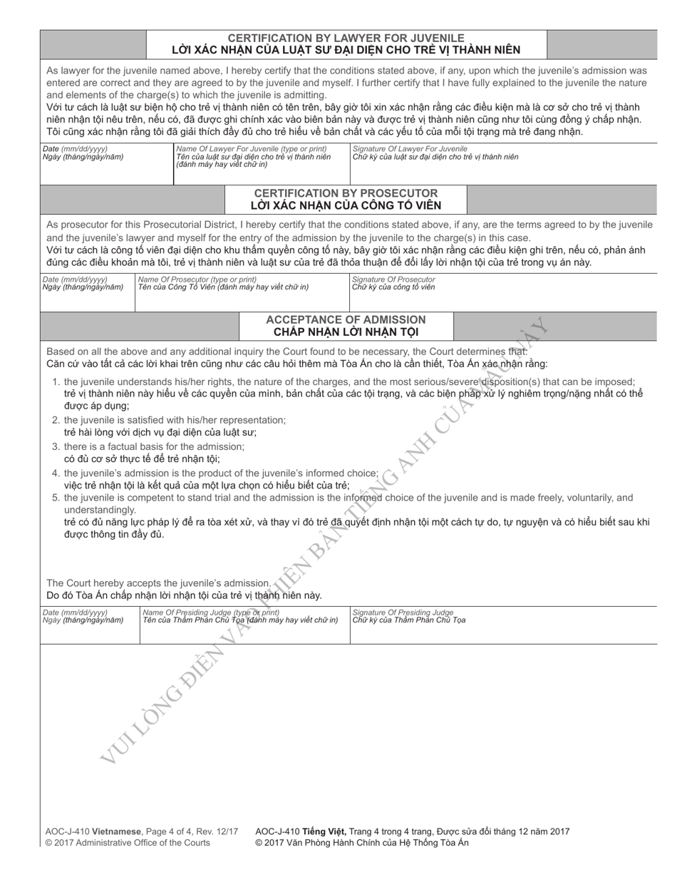 Form AOC-J-410 Transcript of Admission by Juvenile - North Carolina (English / Vietnamese), Page 4