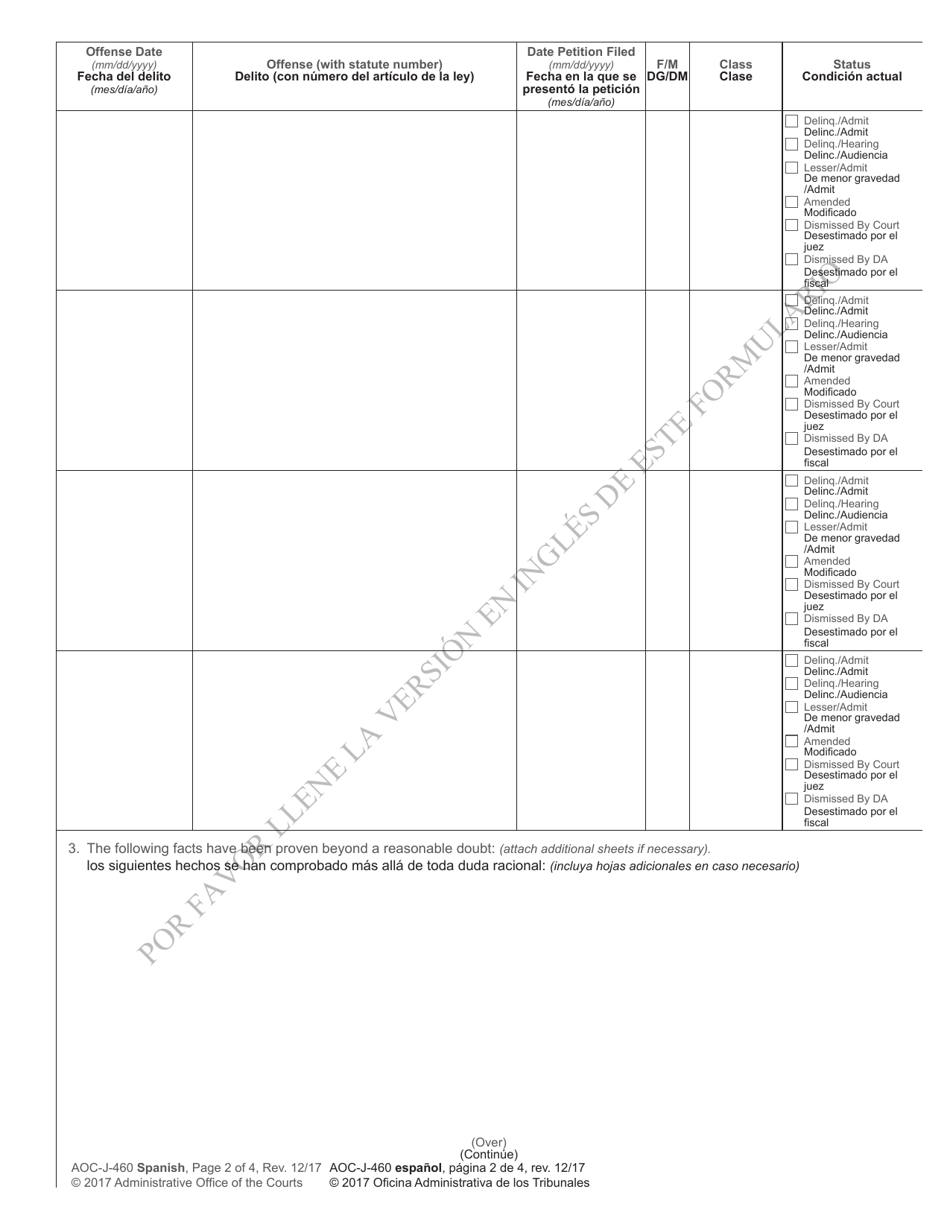 Form AOC-J-460 Juvenile Adjudication Order (Delinquent) - North Carolina (English / Spanish), Page 2