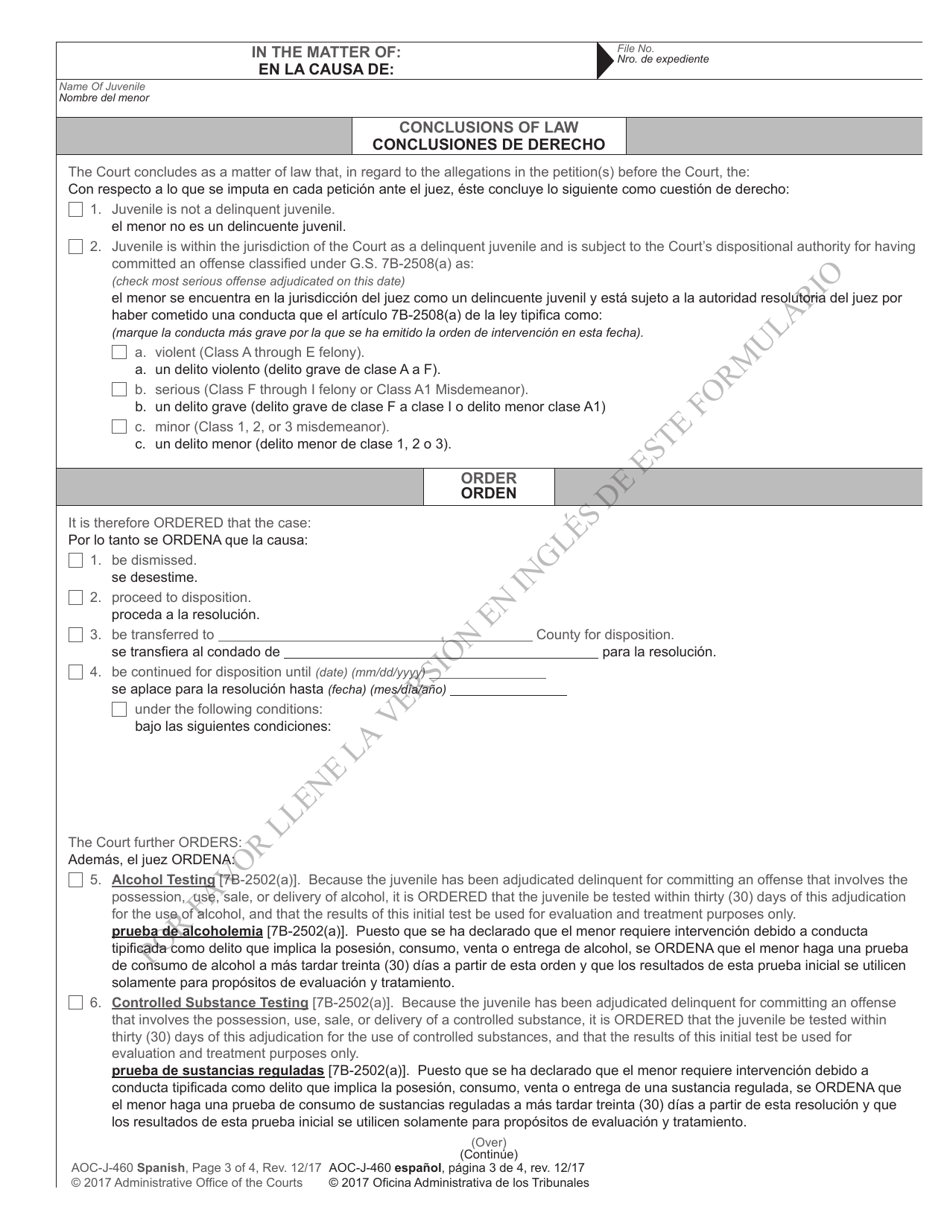 Form AOC-J-460 Juvenile Adjudication Order (Delinquent) - North Carolina (English / Spanish), Page 3